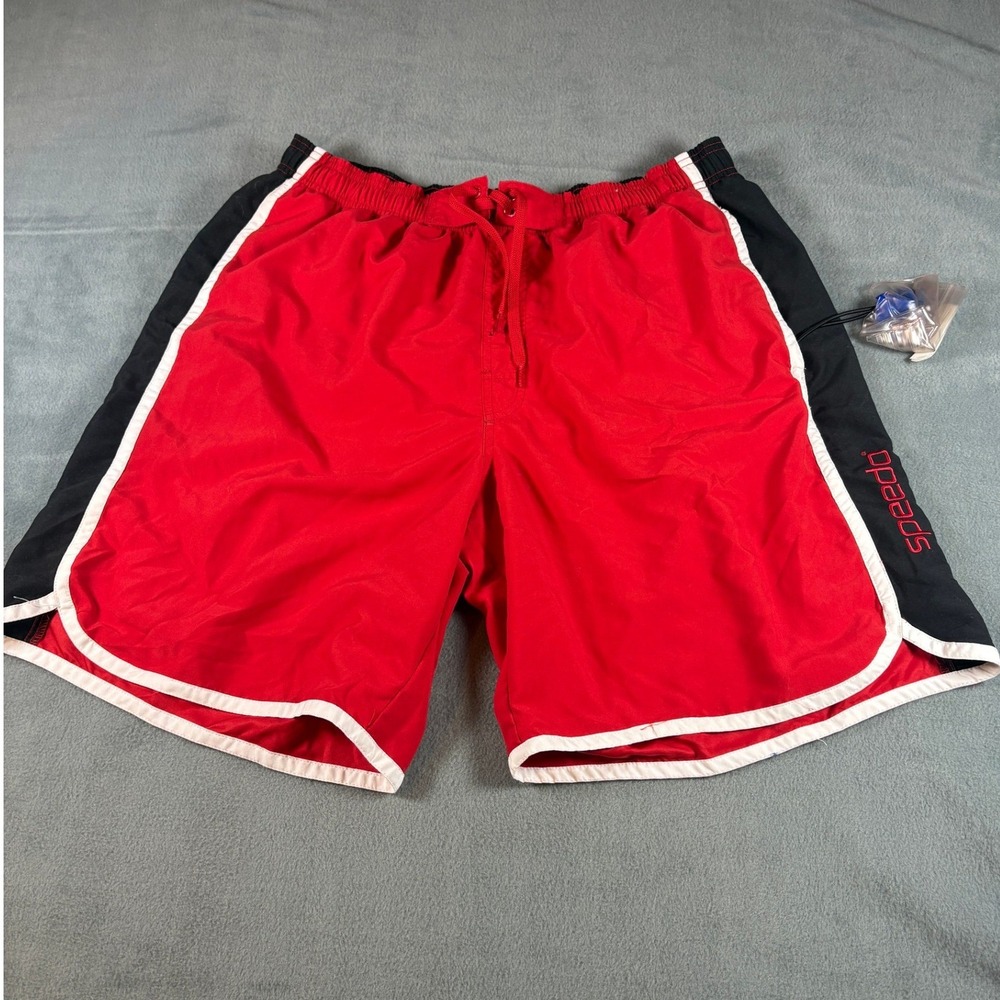 Speedo‎ Mens Swim Trunks Red Black Colorblock Board Shorts XL Waterproof Pocket